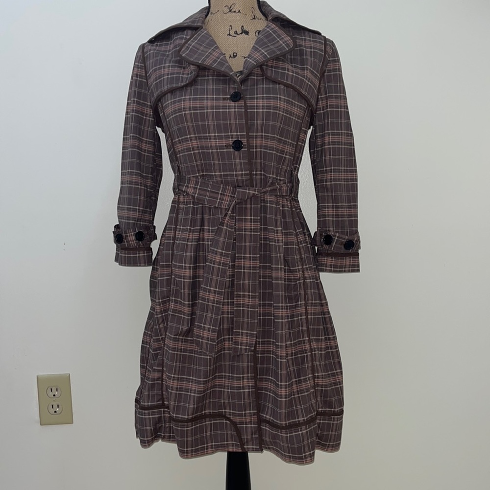 BCBGMaxAzria Brown Plaid Trench Coat